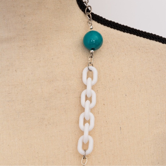 Longer length boho chic necklace various link styles & beads blue, white, silver - Picture 7 of 9